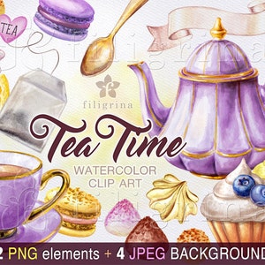 Tea Time watercolor Clip Art. purple yellow Truffle sweets, cupcake, lemon, teapot, cup, praline chocolates, macaroon dessert. 22 elements image 1