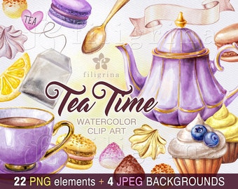 Tea Time watercolor Clip Art. purple yellow Truffle sweets, cupcake, lemon, teapot, cup, praline chocolates, macaroon dessert. 22 elements