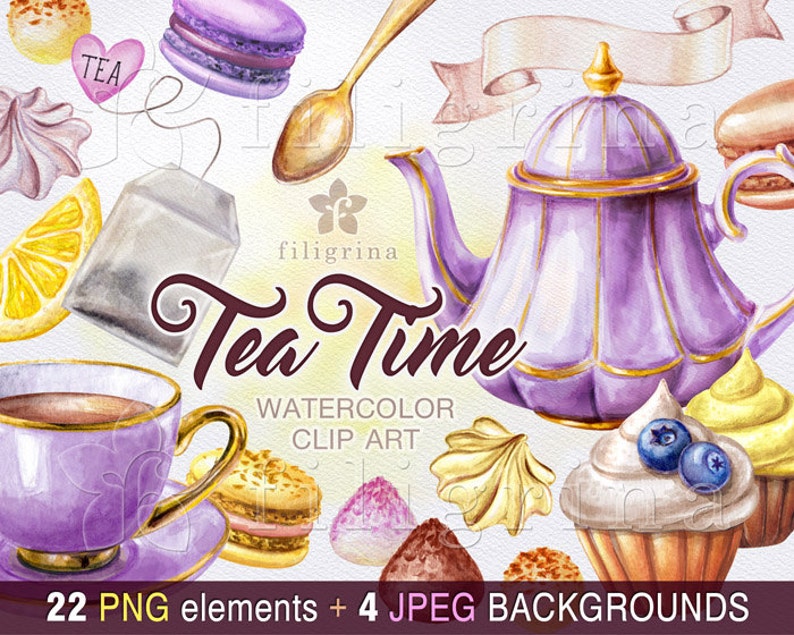 Tea Time watercolor Clip Art. purple yellow Truffle sweets, cupcake, lemon, teapot, cup, praline chocolates, macaroon dessert. 22 elements image 1