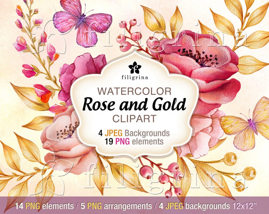 Rose Gold Flowers WATERCOLOR Clip Art Design. 19 PNG Floral Elements, 4