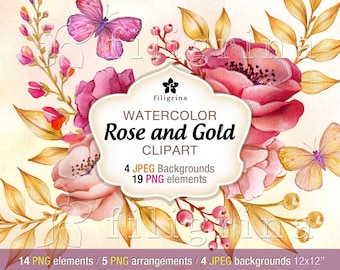 Rose Gold Flowers WATERCOLOR Clip Art design. 19 PNG floral elements, 4 backgrounds 12x12 digital scrapbook paper textures. Read about usage