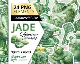 JADE Chinoiserie Carved Stone souvenirs, ceramics, figurine, jewelry. 24 PNG CLIPART elements. Watercolor style. Commercial Use info