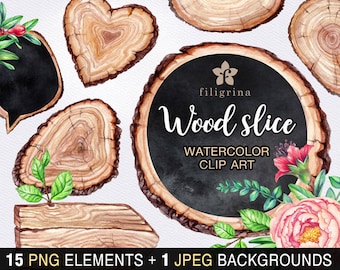 Rustic WATERCOLOR Clip Art. Wood slice tag, chalkboard banner, vintage flower, wedding card invitation. 15 elements, bonus! Read about usage