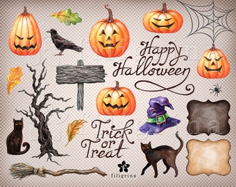 Halloween WATERCOLOR holiday Clip Art. Pumpkin hat cat raven banner text 21 PNG elements 4 backgrounds 12x12 digital paper. Read about usage