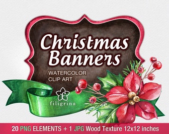Christmas WATERCOLOR Clip Art. Ribbon tag, banner frame, Flowers, holly berry. Winter holiday noel design. 20 PNG elements. Read about usage