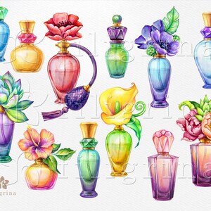 Floral PERFUME bottles watercolor Clip Art. Flowers, glass jar, fragrance, scent, aroma, oil, aromatherapy. 12 PNG elements. Commercial use image 2