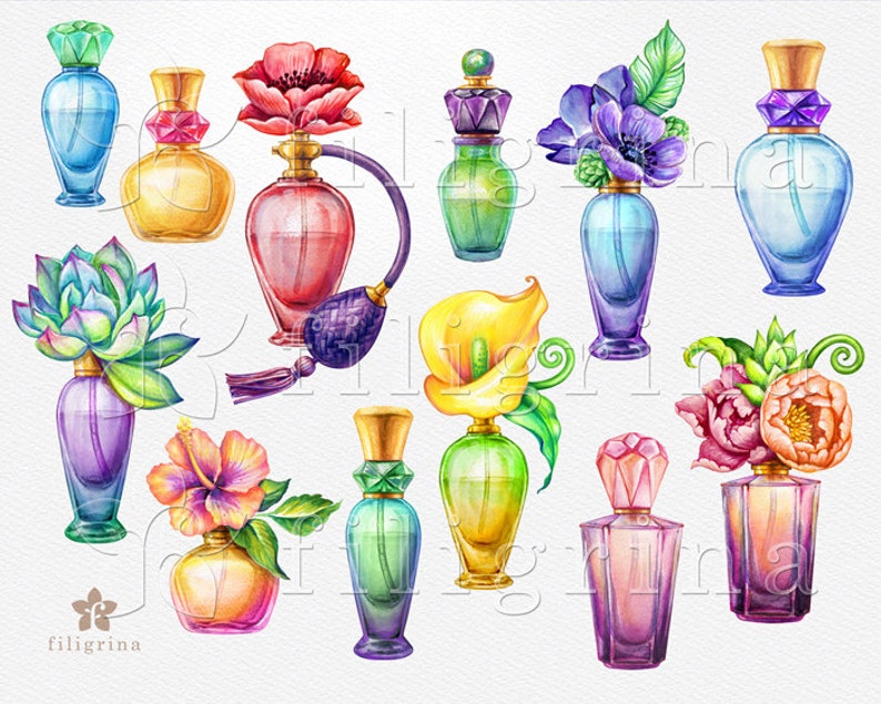 Floral PERFUME bottles watercolor Clip Art. Flowers, glass jar, fragrance, scent, aroma, oil, aromatherapy. 12 PNG elements. Commercial use image 2