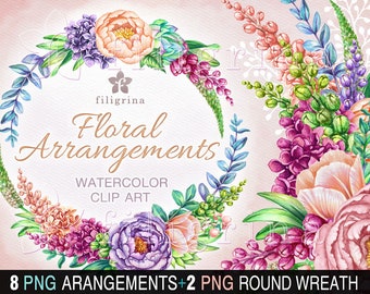 FLORAL watercolor Clip Art. Botanical illustration design elements, wedding invite, peony flowers compositions, round wreath. Read about use