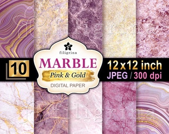 Pink Gold MARBLE digital paper. Artificial stone background. Artistic marbling textures 10 pcs printable backgrounds 12x12. Read description