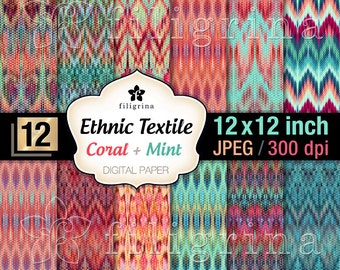 ETHNIC TEXTILE coral mint digital paper. Christmas chevron tribal pattern textures 12x12 inches, 12 printable backgrounds. Read about usage