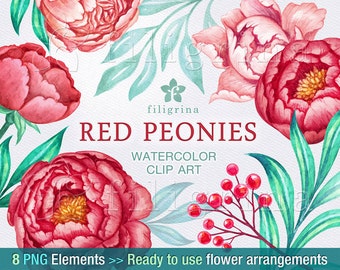 Red Peonies arrangements WATERCOLOR Clip Art. Elegant wedding bouquet, green leaves, floral garland wreath. 8 PNG elements. Read about usage