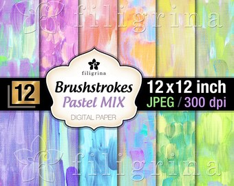 PASTEL BRUSH strokes digital paper. Creative art canvas. Painted artistic textures 12x12 inches 12 pcs printable backgrounds. Commercial use