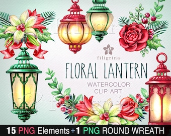 Floral Lantern WATERCOLOR clip art. PNG elements, Christmas decor, white lily flower, red rose, green leaves, noel nature. Read how to use