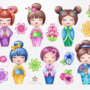 KOKESHI doll watercolor Clip Art. Flowers, leaves, fashion, holiday invitation, nursery, asian doll, cute girl 15 elements. Read about usage image 2