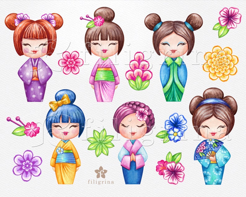 KOKESHI doll watercolor Clip Art. Flowers, leaves, fashion, holiday invitation, nursery, asian doll, cute girl 15 elements. Read about usage image 2