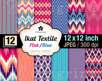 ETHNIC TEXTILE pink blue digital paper. Chevron tribal pattern, zigzag textures 12x12 inches, 12 pcs printable background. Read about usage