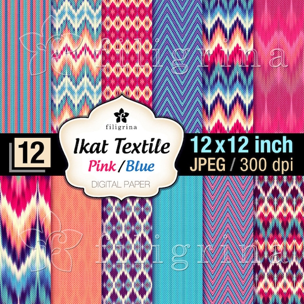 ETHNIC TEXTILE pink blue digital paper. Chevron tribal pattern, zigzag textures 12x12 inches, 12 pcs printable background. Read about usage