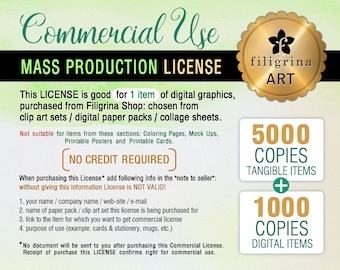 MASS PRODUCTION Commercial License. Up to 5000/tangible + 1000/digital copies sold. For 1 listing of Clip art, Digital Paper, Collage Sheets