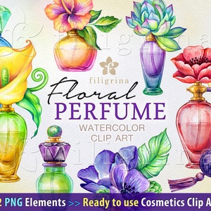 Floral PERFUME bottles watercolor Clip Art. Flowers, glass jar, fragrance, scent, aroma, oil, aromatherapy. 12 PNG elements. Commercial use image 1