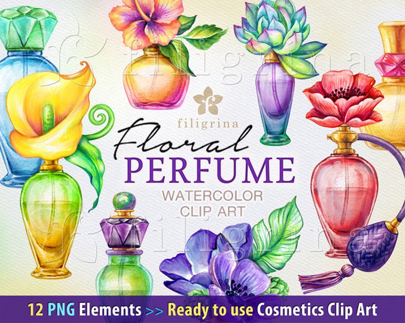 Floral PERFUME bottles watercolor Clip Art. Flowers, glass jar, fragrance, scent, aroma, oil, aromatherapy. 12 PNG elements. Commercial use image 1