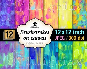 RAINBOW BRUSH strokes digital paper. Creative art canvas. Painted artistic textures 12x12 inches 12 printable backgrounds. Commercial use