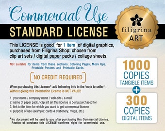 COMMERCIAL LICENSE - Small Business Use up to 1000/tangible + 300/digital copies sold. For 1 listing clip art, digital paper, collage sheets