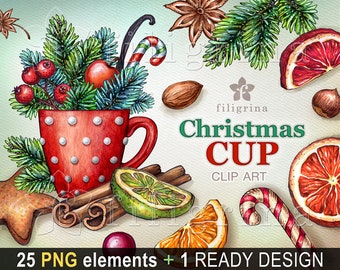 Christmas Cup WATERCOLOR clip art. PNG elements, holiday decor, spruce, fir tree, mug, cookie, candy cane, orange, cinnamon. Read how to use