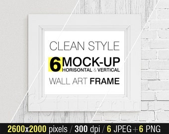 White FRAME MOCKUP set of 6 jpeg + 6 png. Wood, brick wall, clean style. Poster mock up. Artwork mock-up. 8x10, 16x20, 24x30. Commercial use