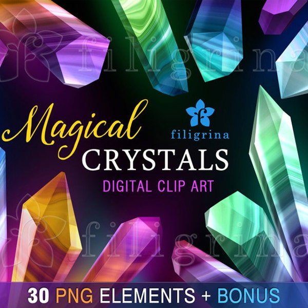 Crystal GEMSTONES digital clip art. 30 PNG elements. Design, fashion, precious gems, nugget, jewels, faceted, agate, rocks. Read about usage