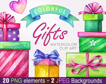 GIFT Clip Art. Birthday gift boxes, party invitation, bow, Valentine's day, heart, festive decor, greeting card. 20 elements. Read about use