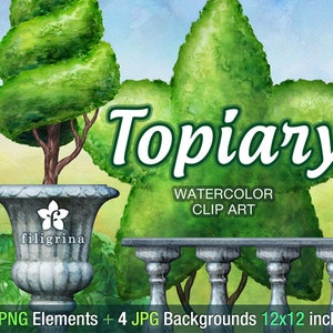 Topiary WATERCOLOR Clip Art. Garden trees, shrub, greenery, grass, pot, urn, hill, landscape. 20 elements, 4 pastel paper. Read about usage image 4