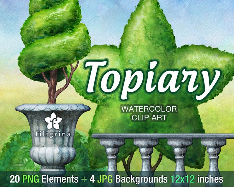 Topiary WATERCOLOR Clip Art. Garden trees, shrub, greenery, grass, pot, urn, hill, landscape. 20 elements, 4 pastel paper. Read about usage image 4