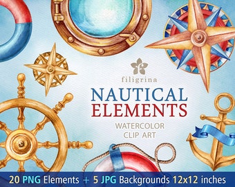 Nautical WATERCOLOR 20 clip art elements 5 backgrounds. Fishnet, porthole, anchor, buoy, compass, marine rope knot, ribbon. Read about usage