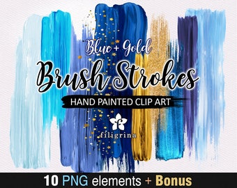 Blue Gold BRUSH STROKES Clip Art. 10 abstract fashion elements, sparkles, indigo paint texture, make up, ultramarine palette. Read about use