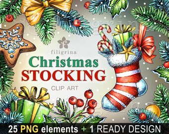 Christmas Stocking WATERCOLOR clip art. PNG elements, holiday decor, spruce, fir tree, sock, gift, candy cane, poinsettia. Read how to use