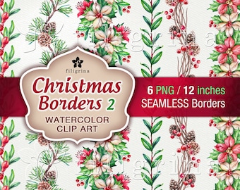 Christmas Borders. Holiday WATERCOLOR Clip Art 6 elements. Floral poinsettia garland, coniferous pine cones, holly berries. Read about usage