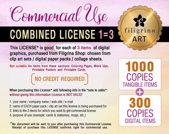 Combined COMMERCIAL LICENSE. Up to 1000/tangible + 300/digital copies for each of 3 listings / clip art, digital paper, collage sheets