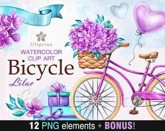 BICYCLE watercolor Clip Art. Romantic ride, retro bike, balloon, flower, gift. Love. Valentine's day invitation, card making. Read about use