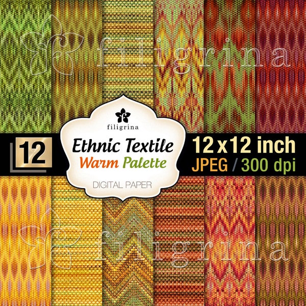 ETHNIC TEXTILE warm palette digital paper. Autumn, fall, oriental pattern textures 12x12 inches, 12 pcs printable background. Commercial use