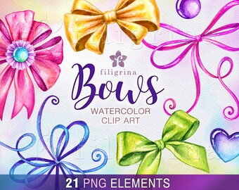 Festive BOWS watercolor Clip Art. Bow clipart mix curl, gift, birthday party invitation set, holiday ribbons illustrations. Read about usage