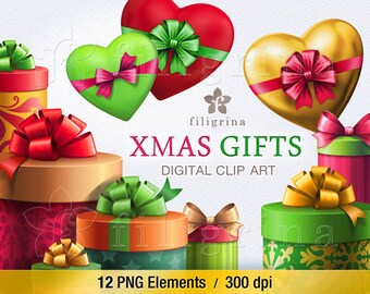 Christmas GIFTS digital clip art. 12 PNG elements. Birthday holiday Wrapped gift boxes, festive presents, bow, noel, heart. Read about usage