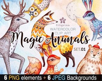 MAGIC ANIMALS watercolor Clip Art. Cute zoo, bear, deer, fox, rabbit, squirrel, owl bird. 6 elements, pattern backgrounds. Read about usage