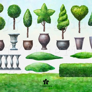 Topiary WATERCOLOR Clip Art. Garden trees, shrub, greenery, grass, pot, urn, hill, landscape. 20 elements, 4 pastel paper. Read about usage image 2