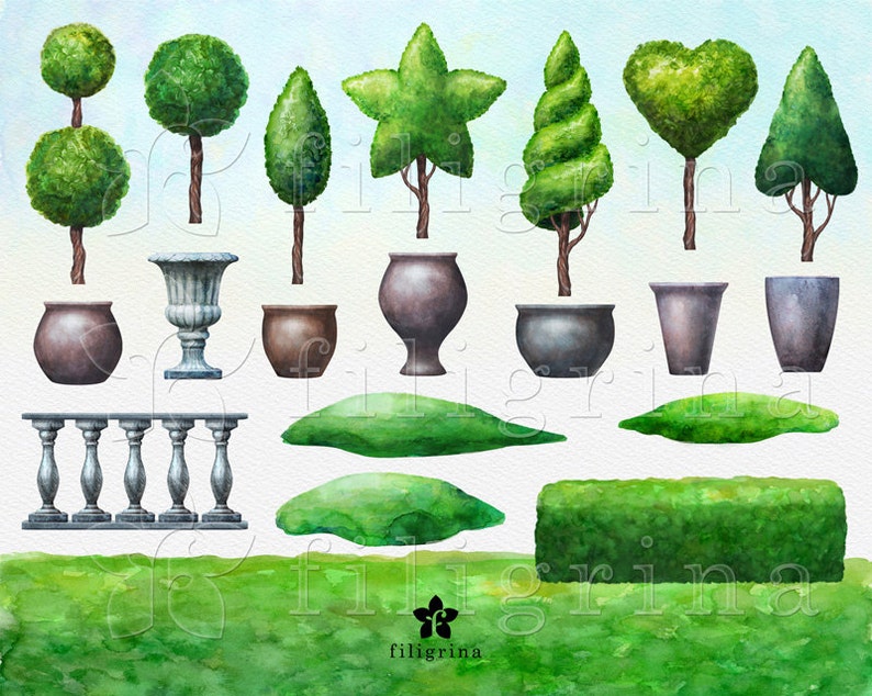 Topiary WATERCOLOR Clip Art. Garden trees, shrub, greenery, grass, pot, urn, hill, landscape. 20 elements, 4 pastel paper. Read about usage image 2