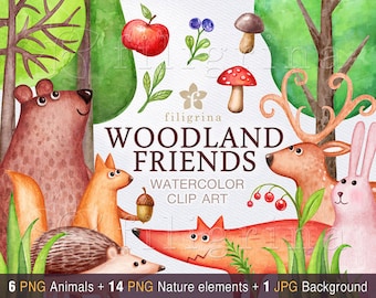WOODLAND FRIENDS watercolor Clip Art. Forest trees animals nature, bear, bunny, fox, squirrel, deer, hedgehog. 20 elements. Read about usage