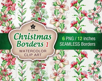 Christmas seamless borders. Holiday WATERCOLOR Clip Art. Floral garland, pine cones, poinsettia, holly berries. 6 elements. Read about usage