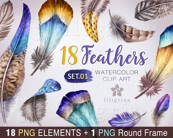 Feather WATERCOLOR Clip Art. Delicate feathers, natural, rustic, blue, yellow. Easter decor. 18 PNG elements + round frame! Read about usage