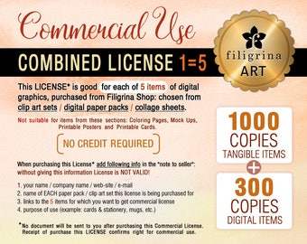 Combined COMMERCIAL LICENSE. Up to 1000/tangible + 300/digital copies for each of 5 listings / clip art, digital paper, collage sheets