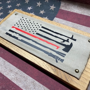 Fire Hose Firefighter Red Stripe Flag Wall Sign Handmade Firefighter Upcycled, Firefighter Gift, Wedding Gift, Wall Decor, Fireman Gift