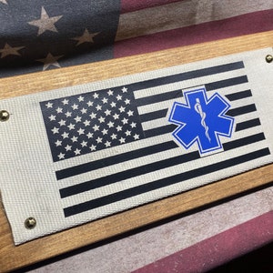 Fire Hose EMS EMT PARAMEDIC Flag Wall Sign Handmade Firefighter Upcycled, Firefighter Gift, Wedding Gift, Wall Decor, Fireman Gift